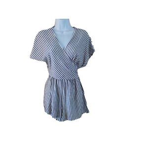 3/10 LUSH Nordstrom Wrap Around Romper Size L Black Cream Striped EUC